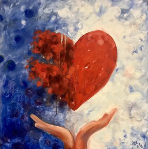 An oil painting by Dale Sprague of a heart and two hands below it