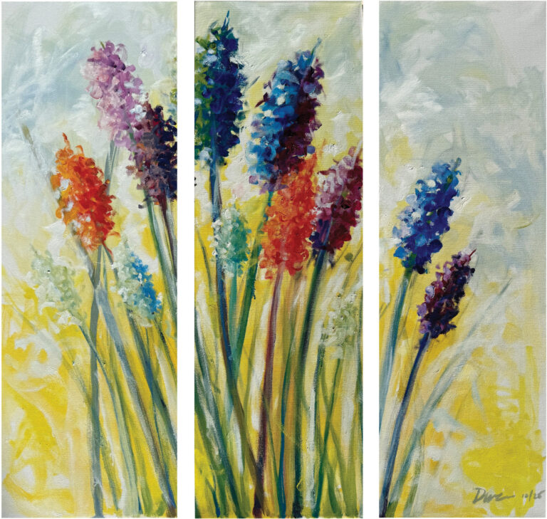 Abstract/impressionistic Triptych oil painting of multi-colored hyacinths